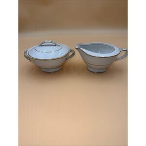Noritake Dawn Small Creamer & Sugar Bowl w Lid 5930 White w Gold Trim